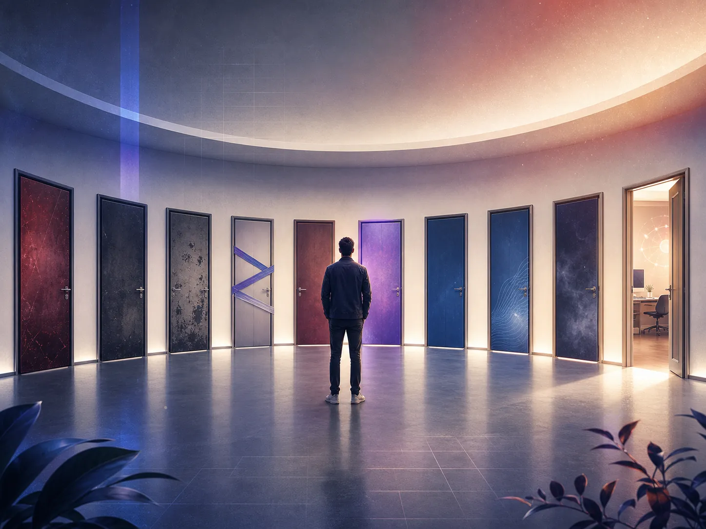 Ten doors arranged in an arc, ending with one open door into a calm AI workroom