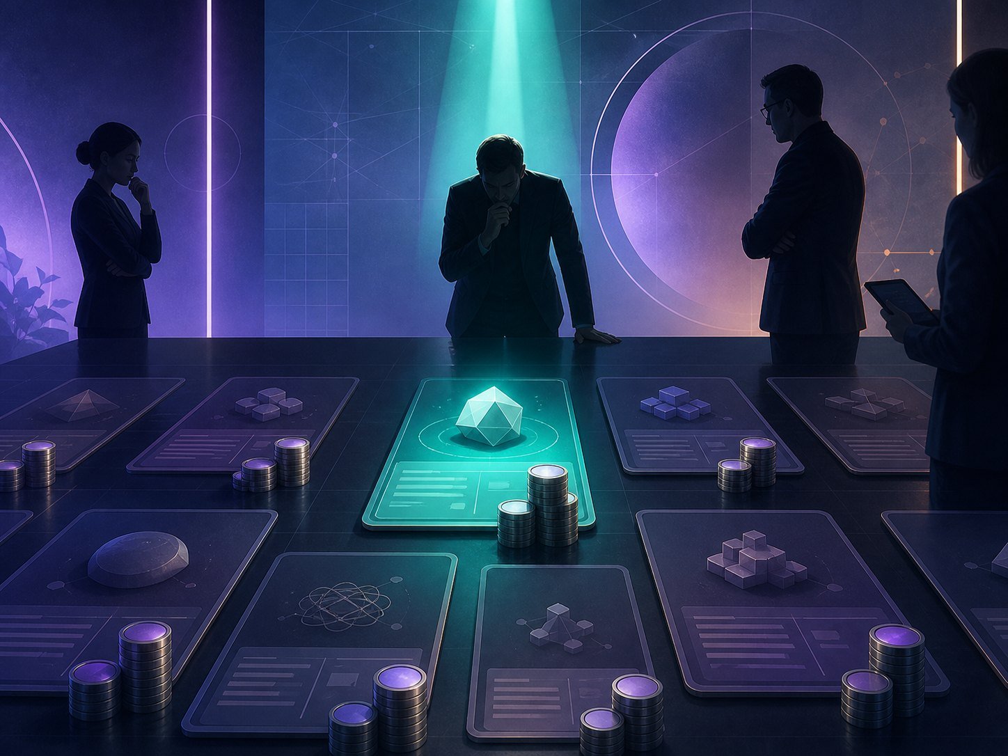An executive triage table of AI project cards, one high-impact case lit in teal while lower-value cases stay dim