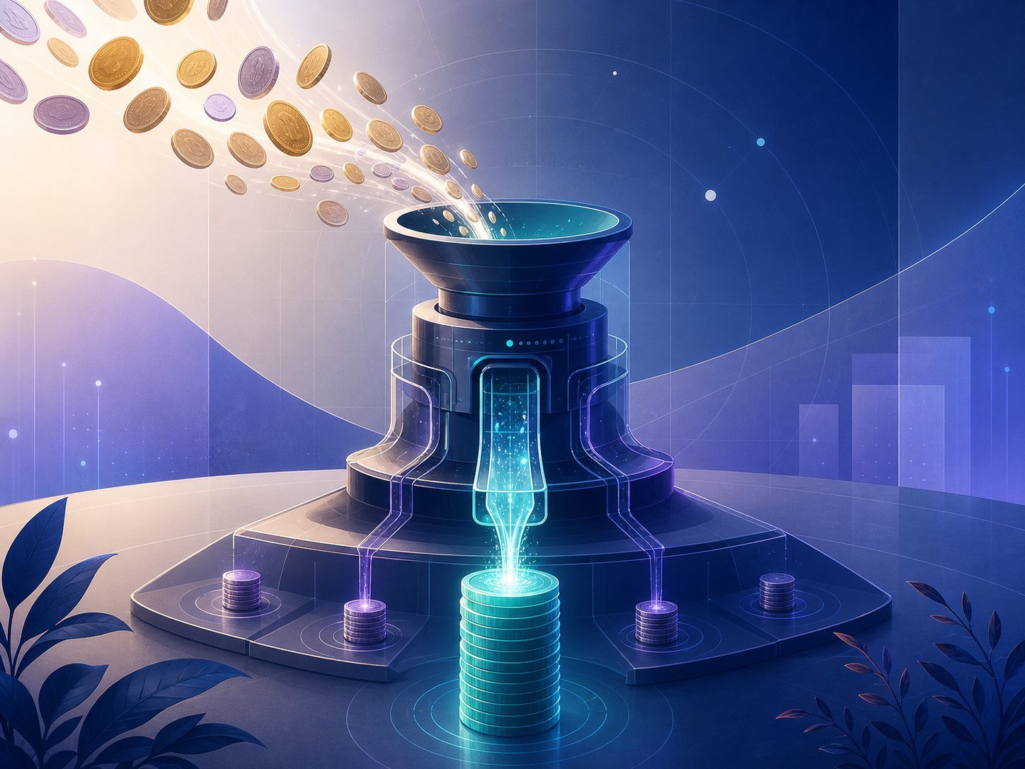 Budget tokens flowing into an allocation machine that channels most resources into one strong, growing column