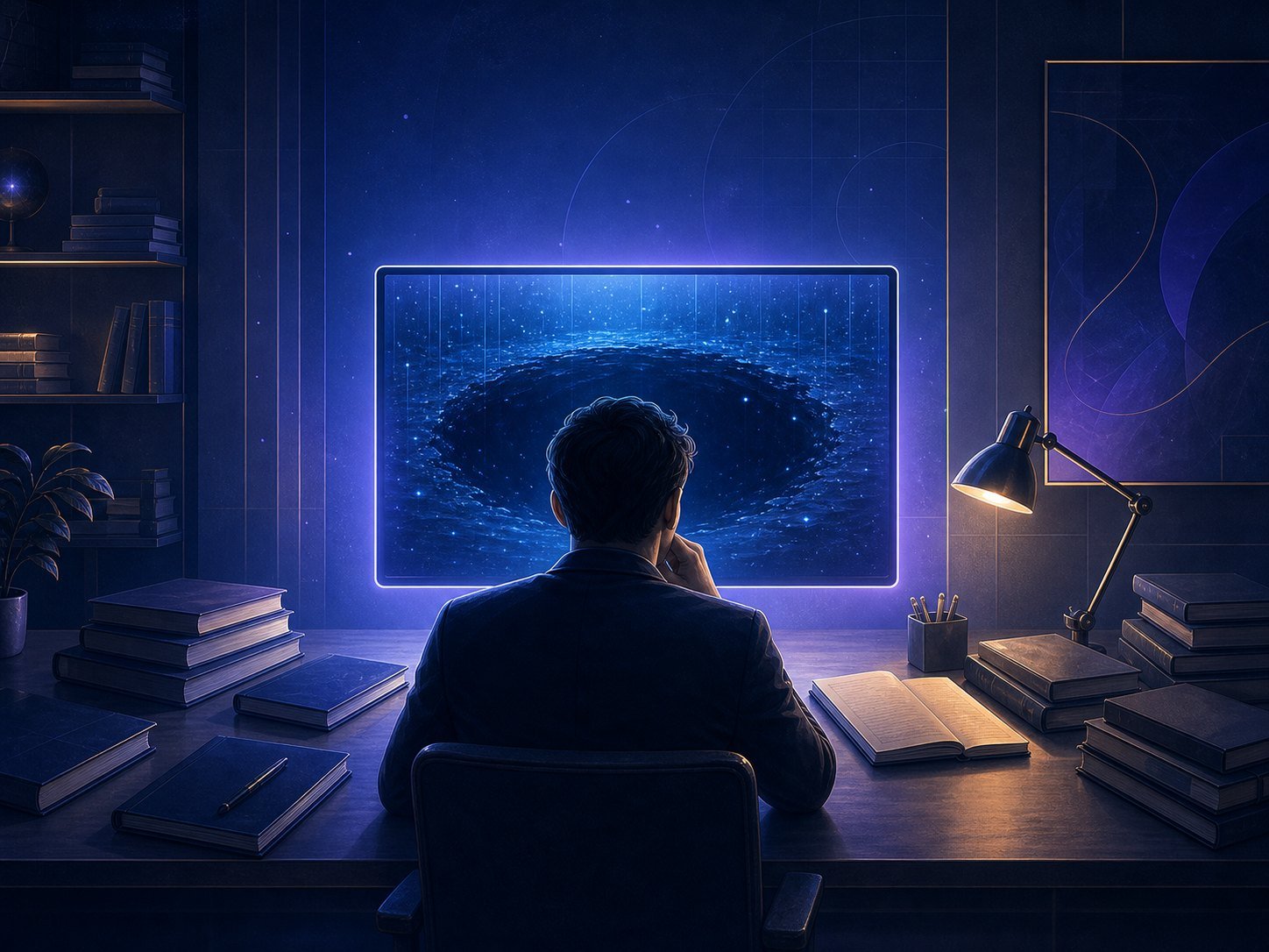 A professional at a desk facing a glowing AI tool, surrounded by unopened manuals and unused practice notebooks