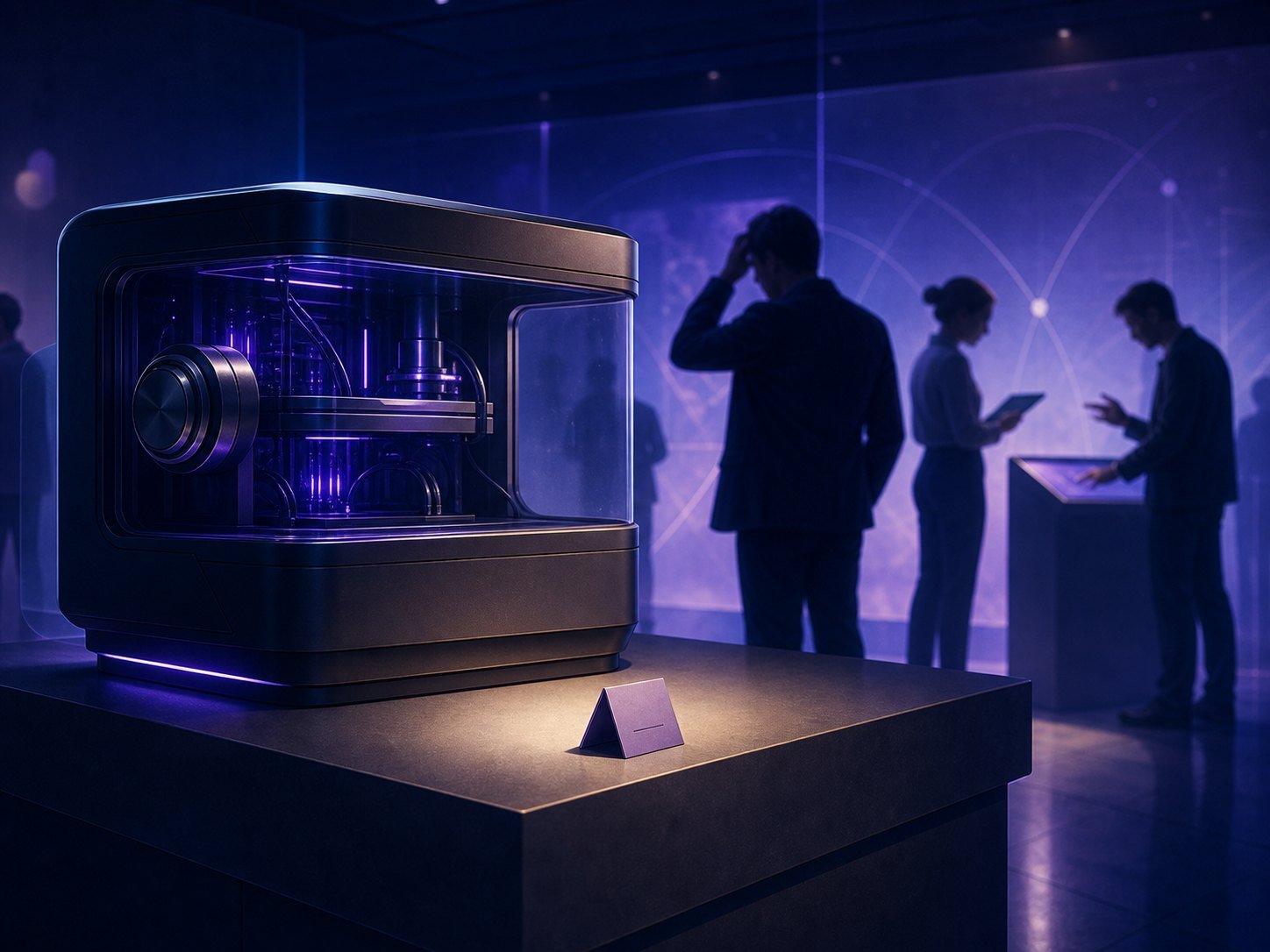 A sleek machine on a museum pedestal beside a comically small, ignored instruction card