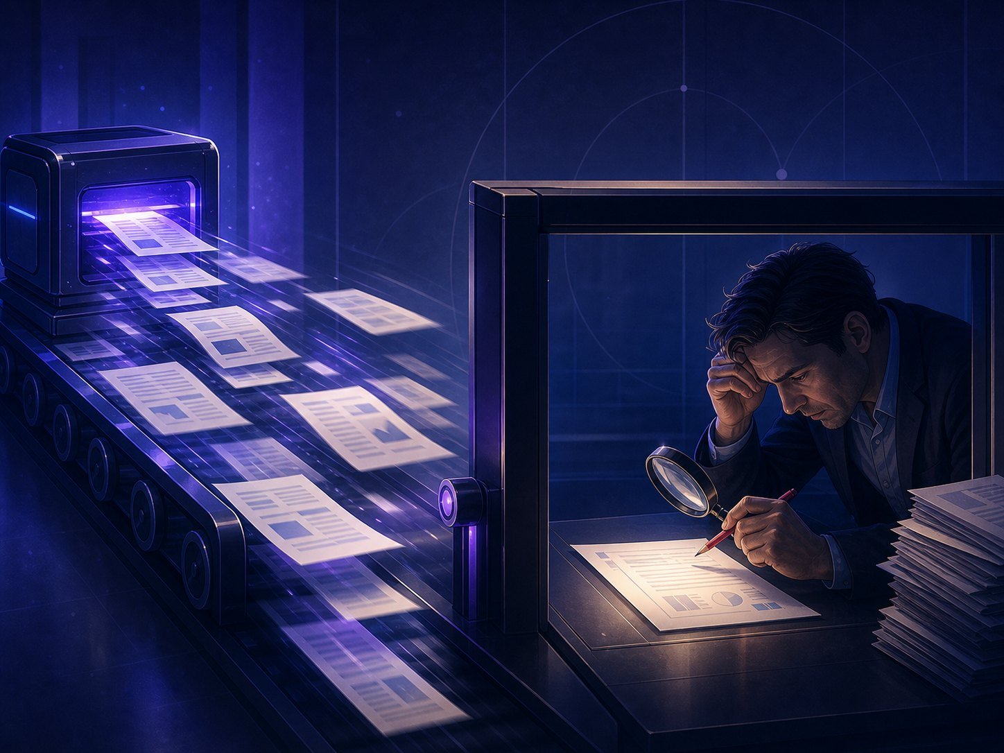 A flood of AI-generated documents narrowing to a single human reviewer inspecting one page with a red pencil
