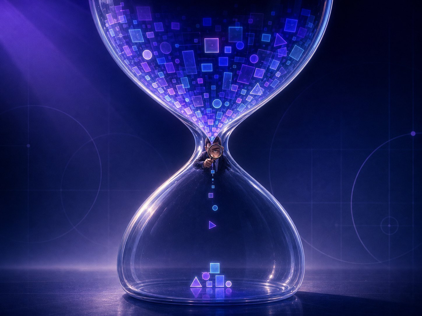 A glass hourglass with glowing AI output on top, its narrow center blocked by a single inspecting human eye