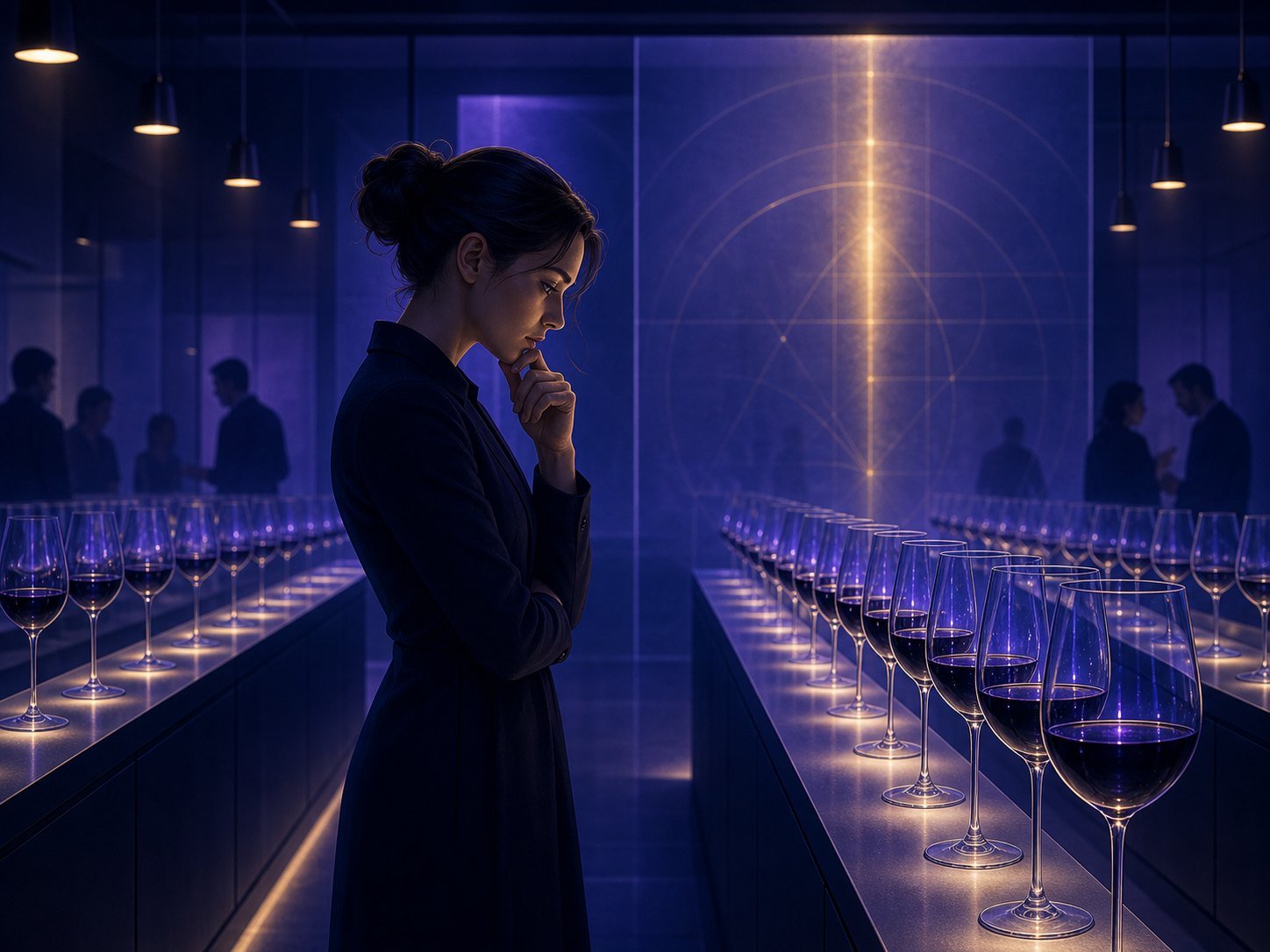 A tasting room of near-identical polished outputs, with one person quietly noticing the small differences others miss