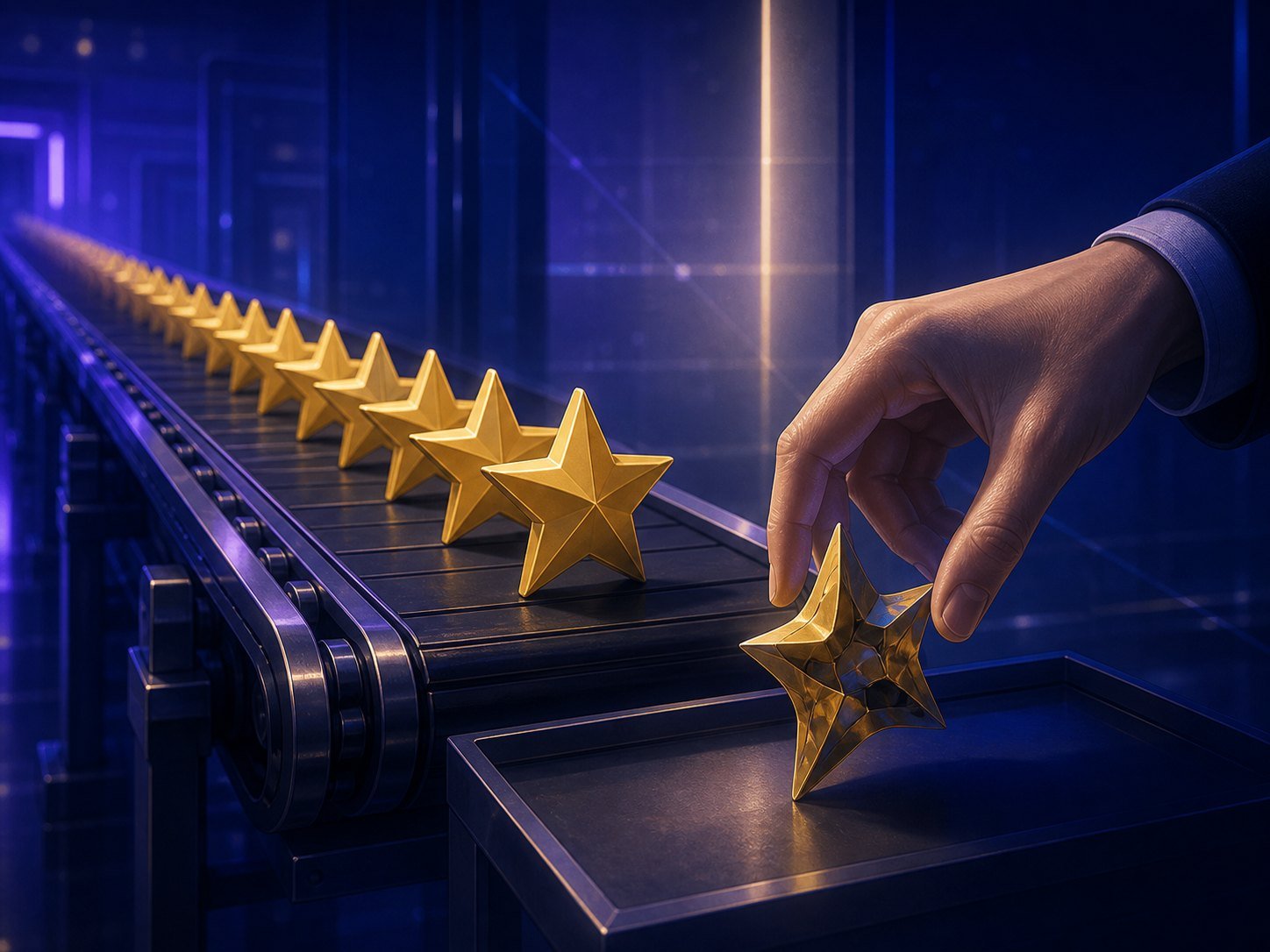 A conveyor belt of flawless identical gold stars while a hand selects one imperfect but more interesting piece