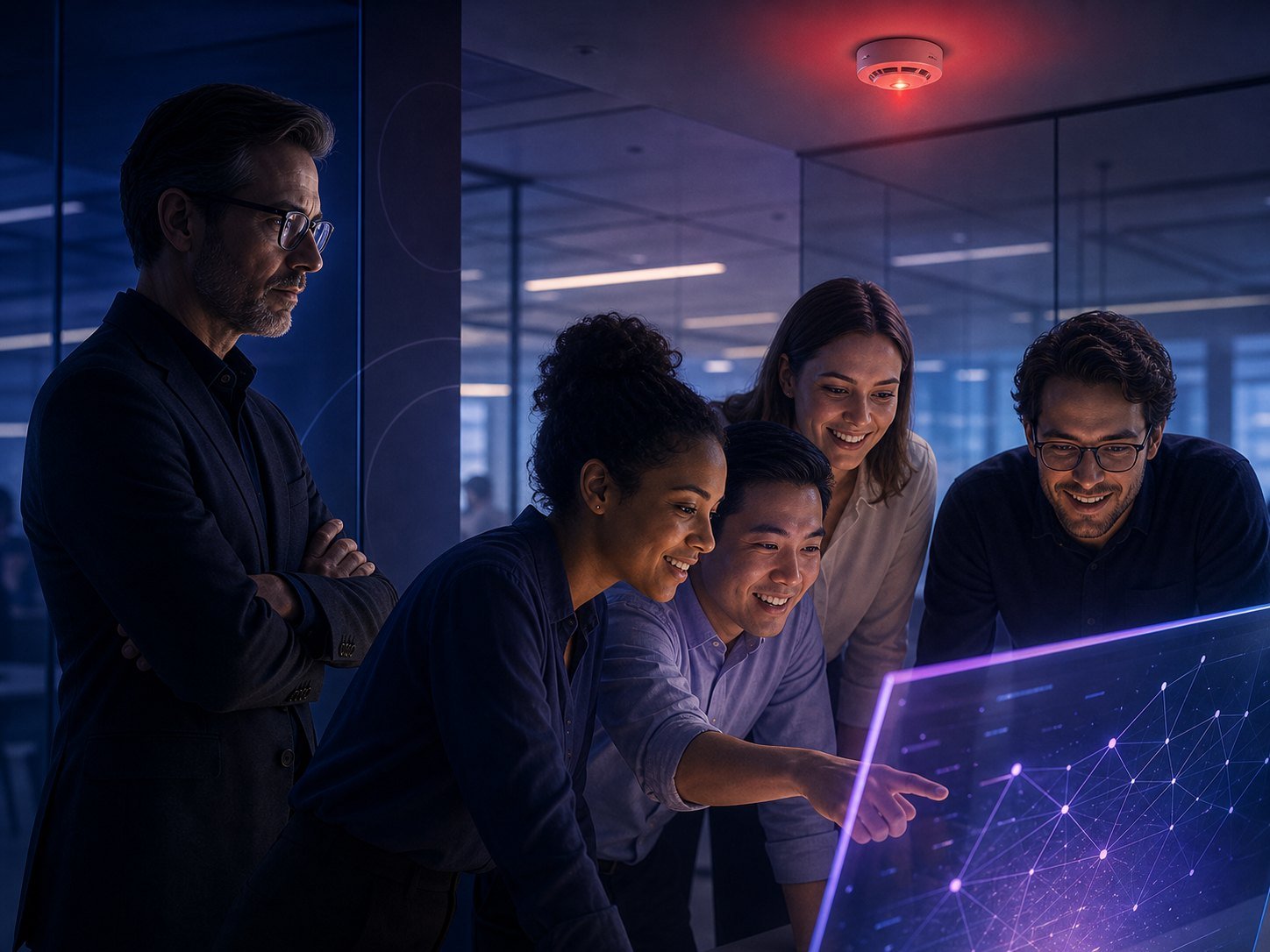 An eager team leaning toward a glowing AI screen while a calm, experienced expert watches from the shadows