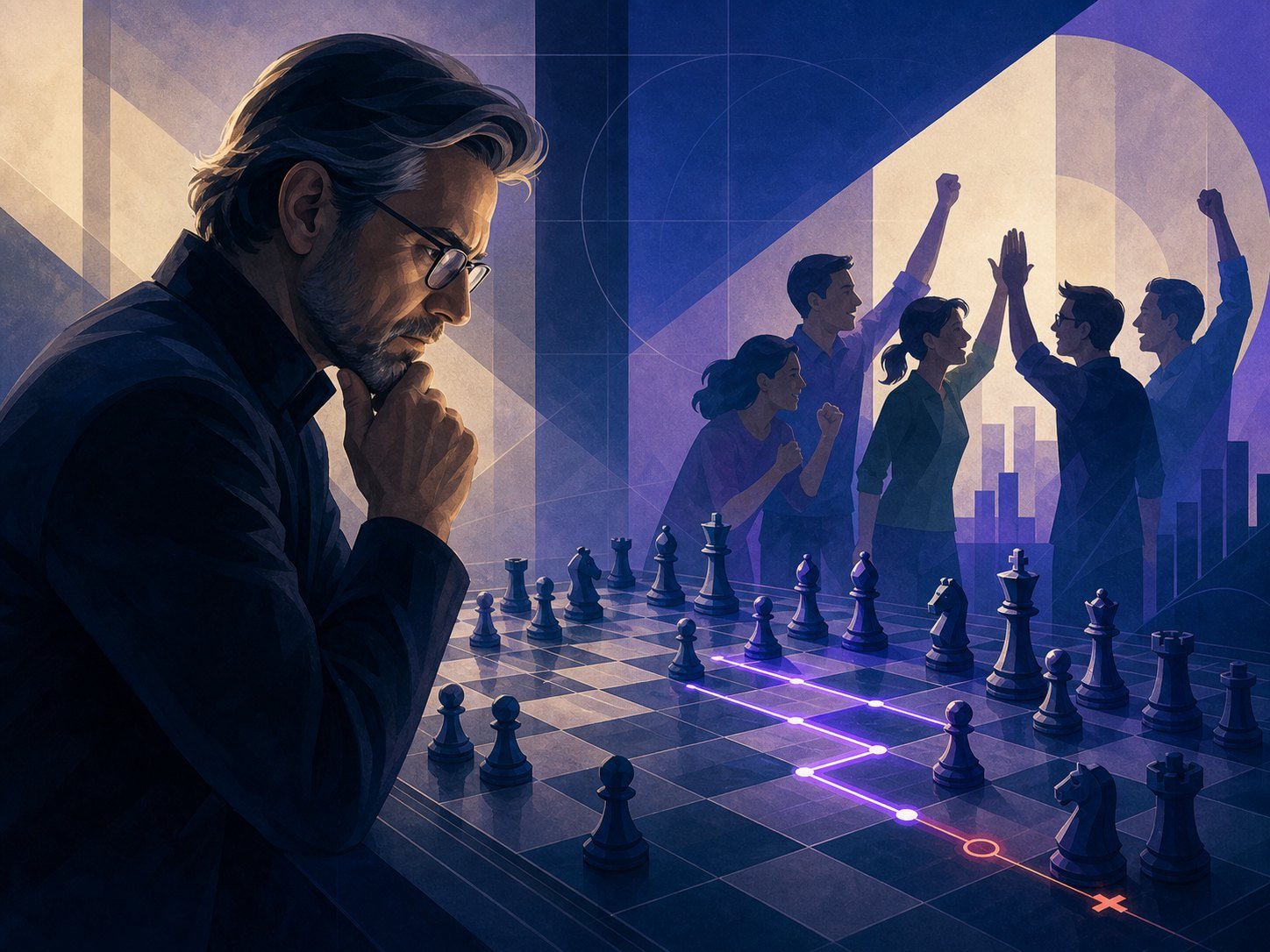 A master studying a chessboard-like system where one subtle losing line glows as younger figures celebrate early