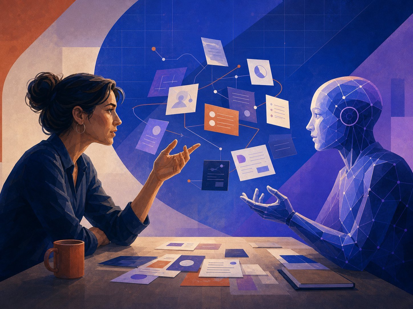 A person and a machine intelligence seated across a table like debate partners, floating argument cards between them