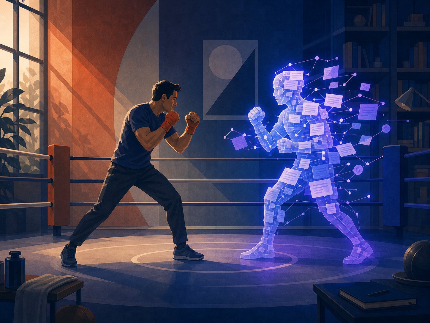 A study with a sparring ring where a thinker trains against a glowing opponent made of light and notes