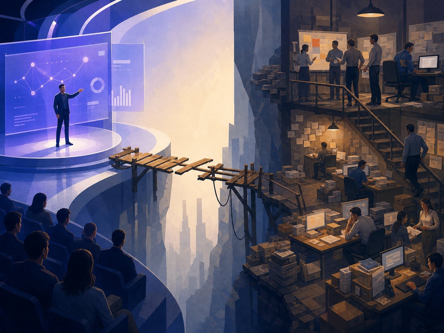 A polished demo stage on the left and a messy real office on the right, joined by a narrow unfinished bridge