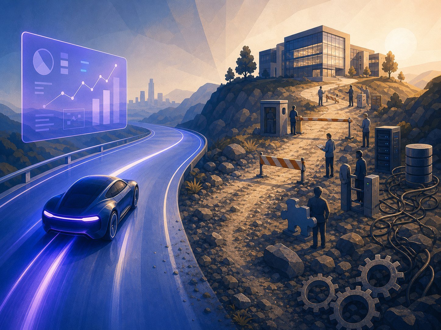A smooth futuristic road turning to rough gravel near a real building, small process gates blocking the end
