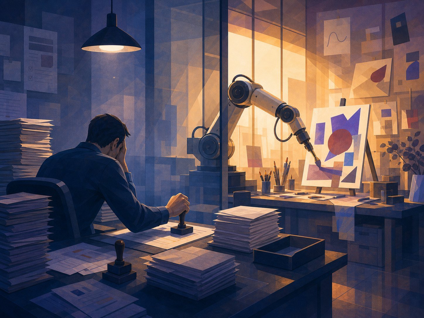 A person stamping approvals at a desk while a cheerful machine arm paints and writes across the room