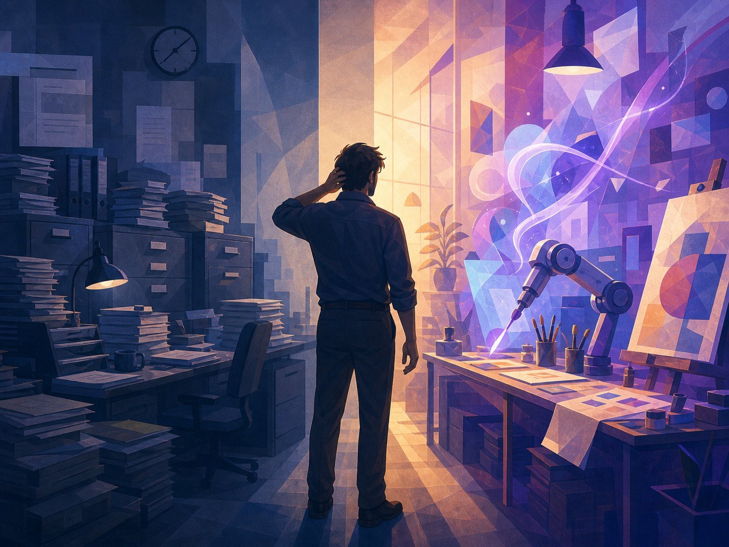 A split workspace, dull administrative piles on one side and vibrant creative tools lit by a machine glow on the other
