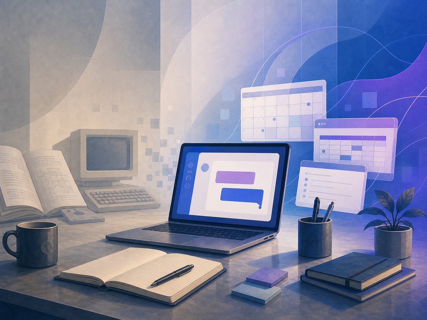 A modern desk where an old technology manual fades as a simple AI interface joins pen, calendar, and notes