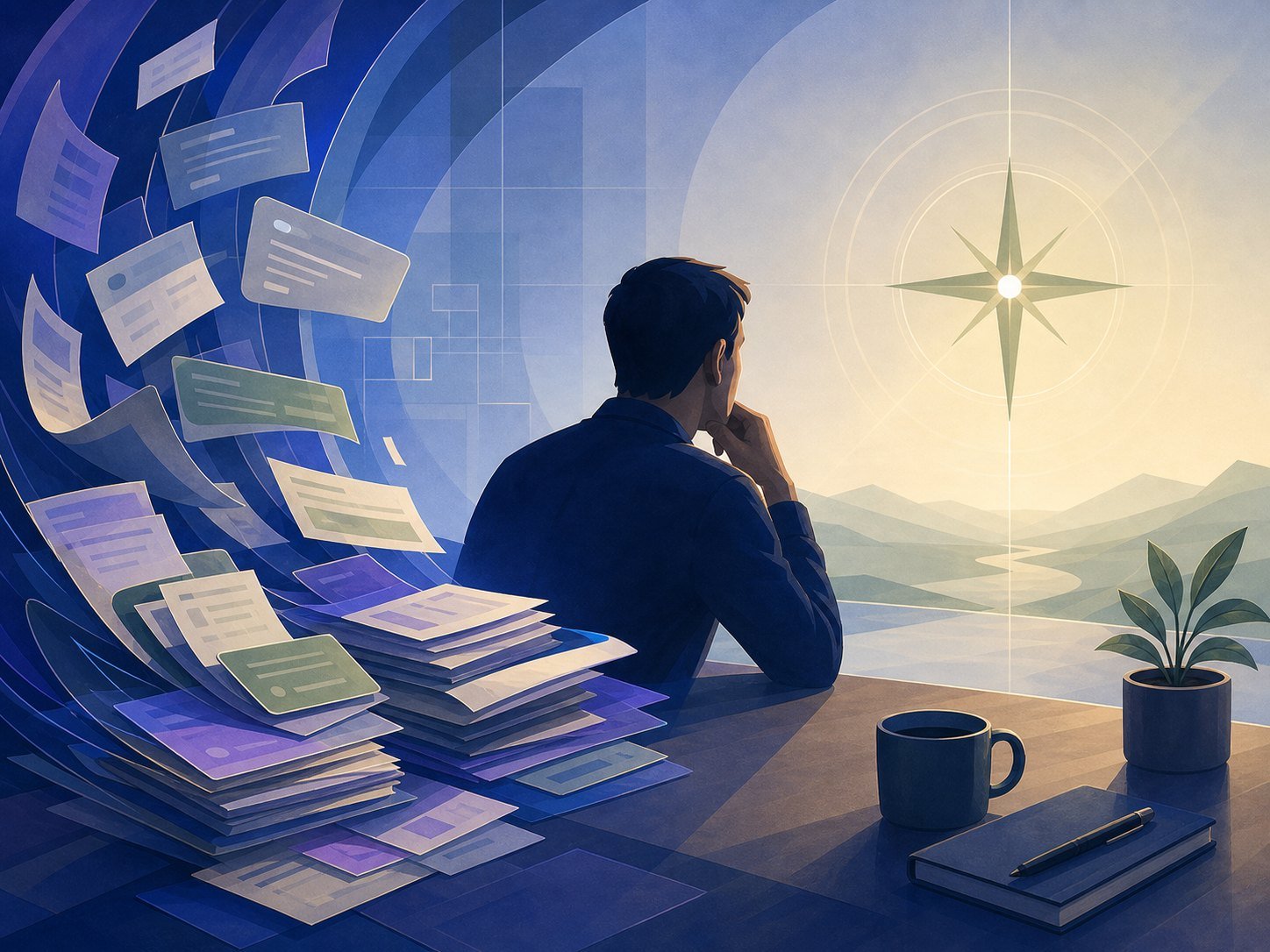 Curling cheat sheets and prompt templates on a desk as a thoughtful person looks past them toward a glowing compass