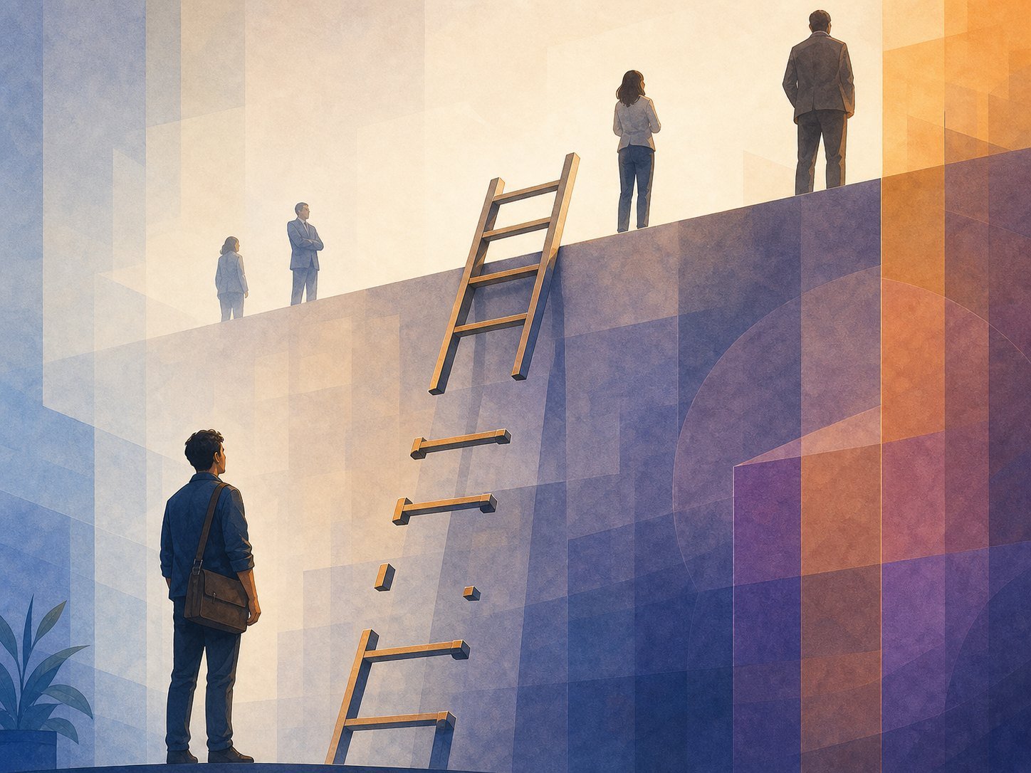 A tall career ladder rising to senior mastery with several lower rungs missing, a junior looking up from below