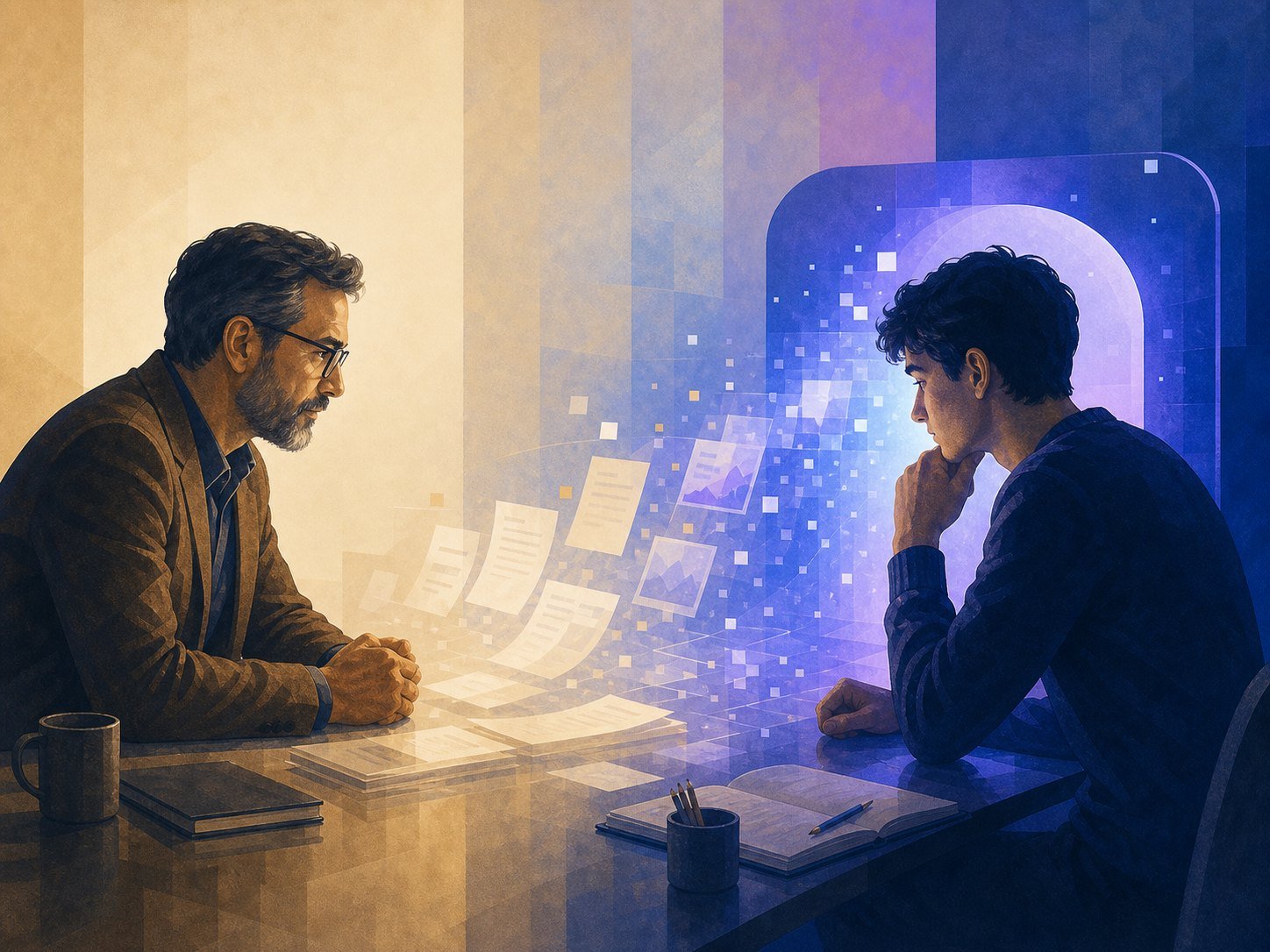 A mentor and junior at a shared desk as the repetitive practice tasks between them fade into a machine glow