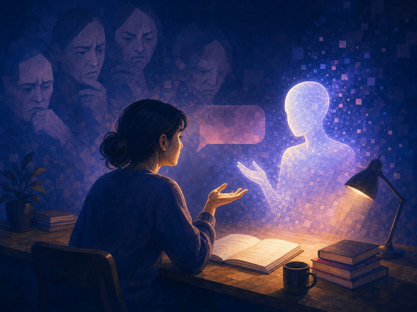 A person studying at night in a warm pool of light, asking a glowing tutor as imagined judgmental faces dissolve