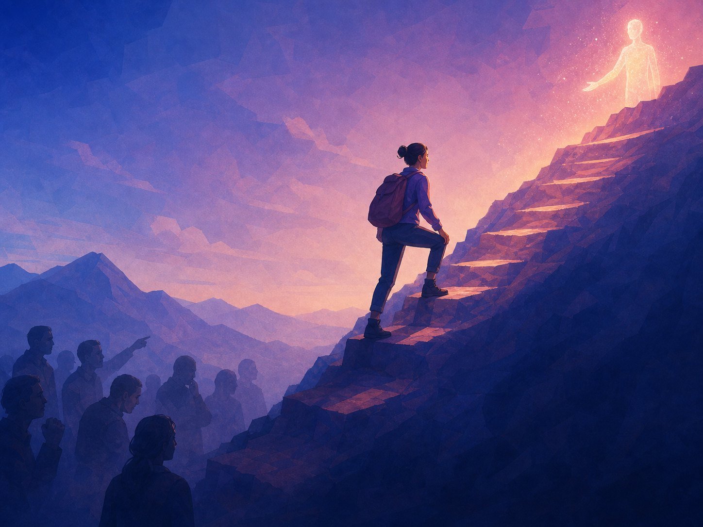 A learner climbing a hill that once looked like a mountain as the crowd that used to judge them fades away