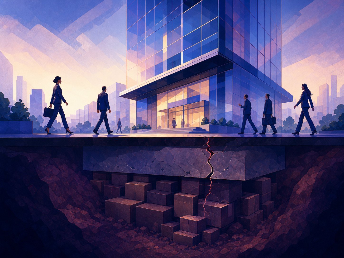 A gleaming office tower whose foundation hides sealed boxes of missing knowledge and a fine crack running upward