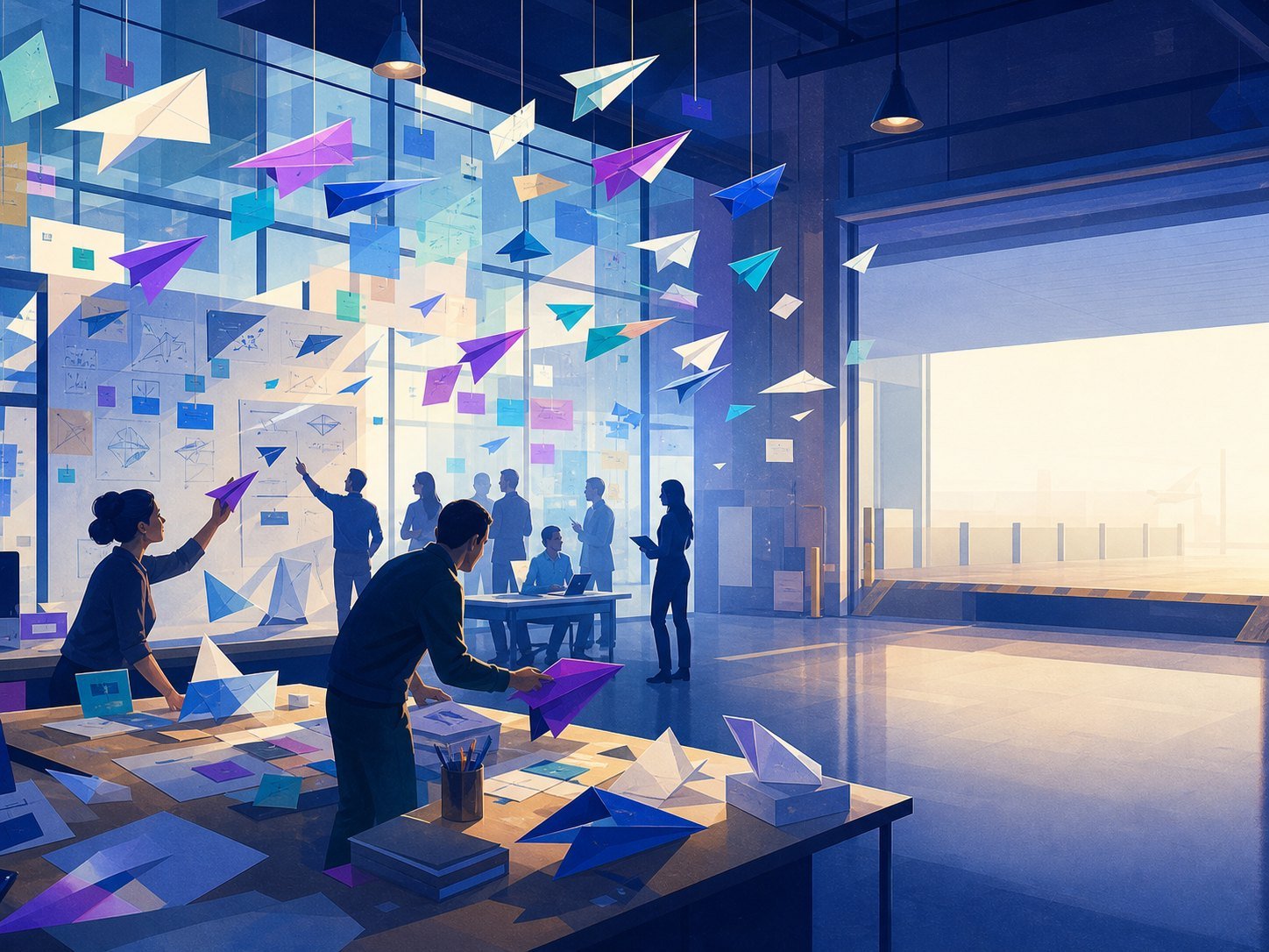 A bright innovation lab full of suspended paper planes and prototypes, with the shipping dock at the back empty and quiet
