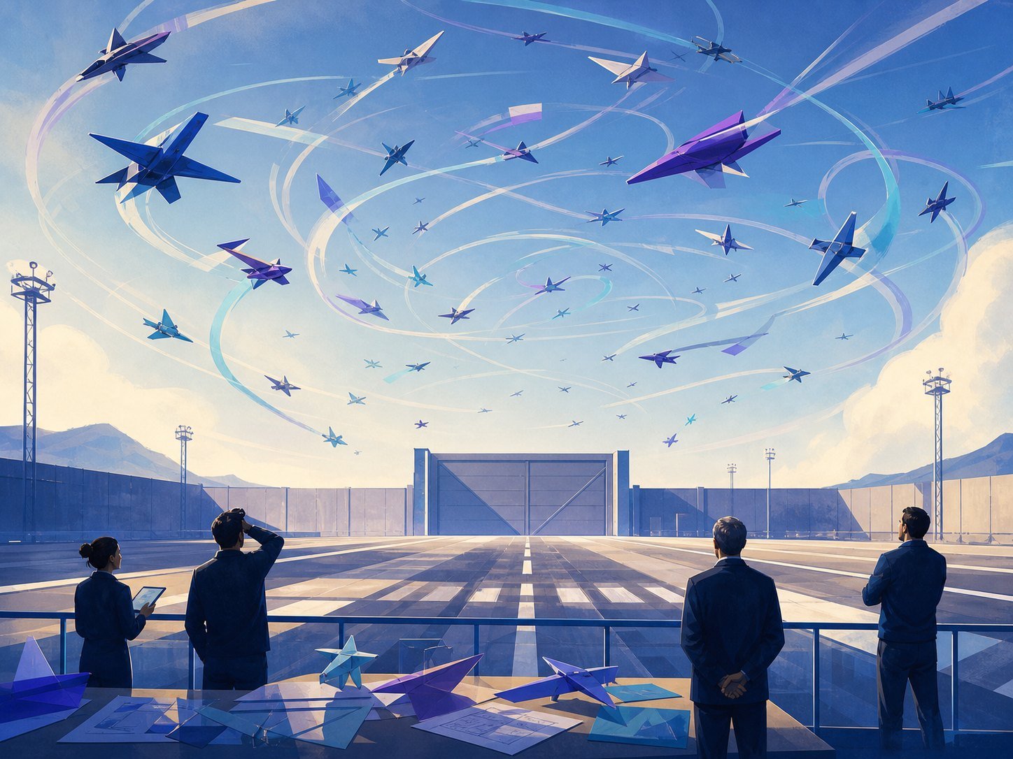 A runway with dozens of small experimental aircraft circling while a single finished-product gate stays closed