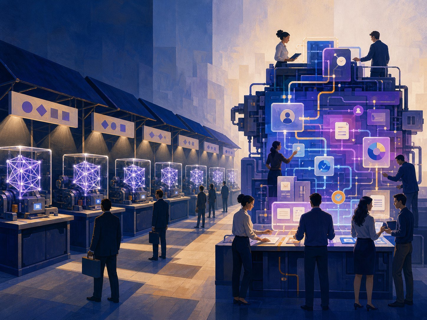 A marketplace row of identical, replaceable model engines beside one custom workflow machine linking people and decisions