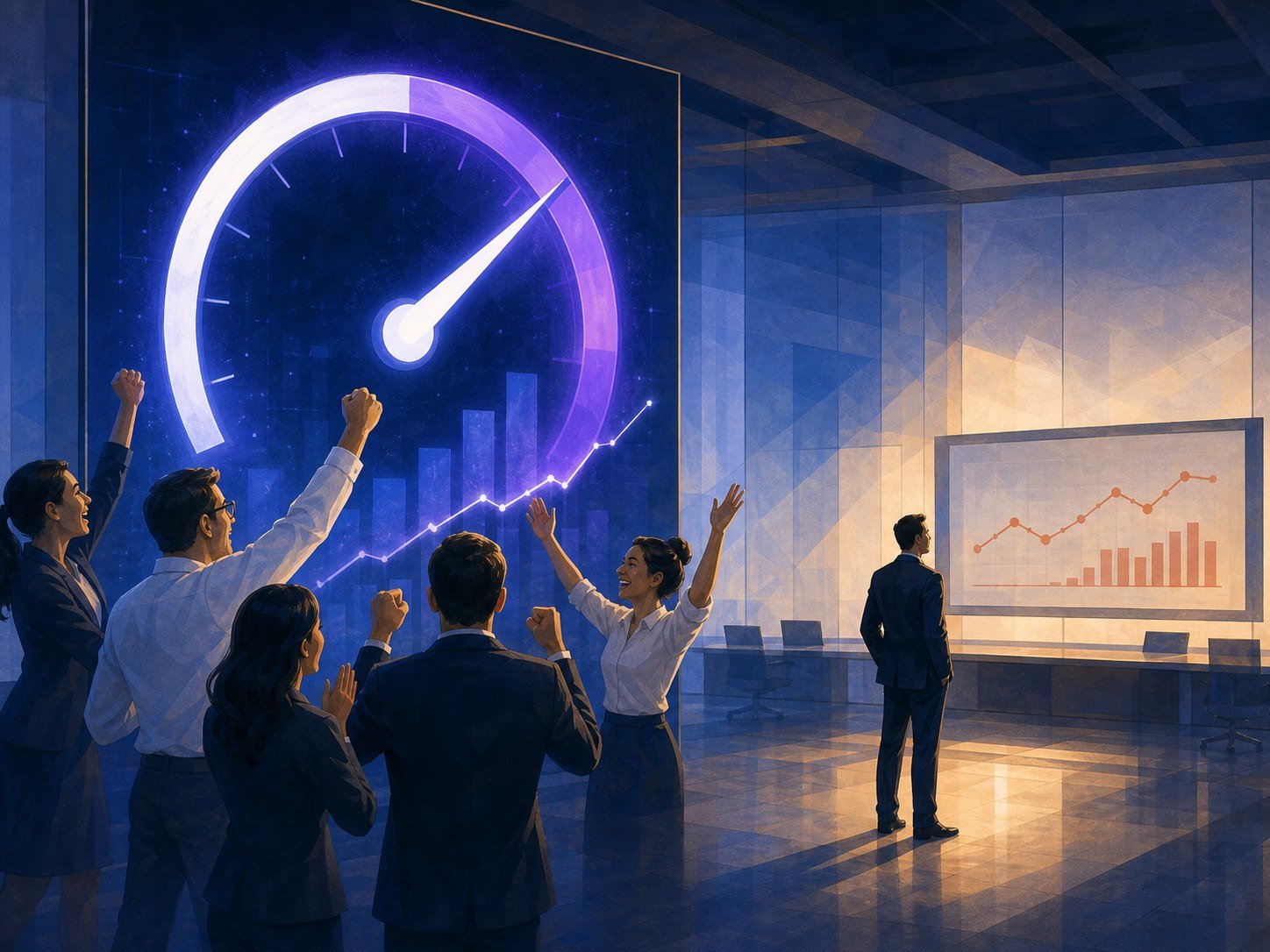 A dashboard room where a huge glowing usage meter is celebrated while a flat outcome chart sits ignored behind it