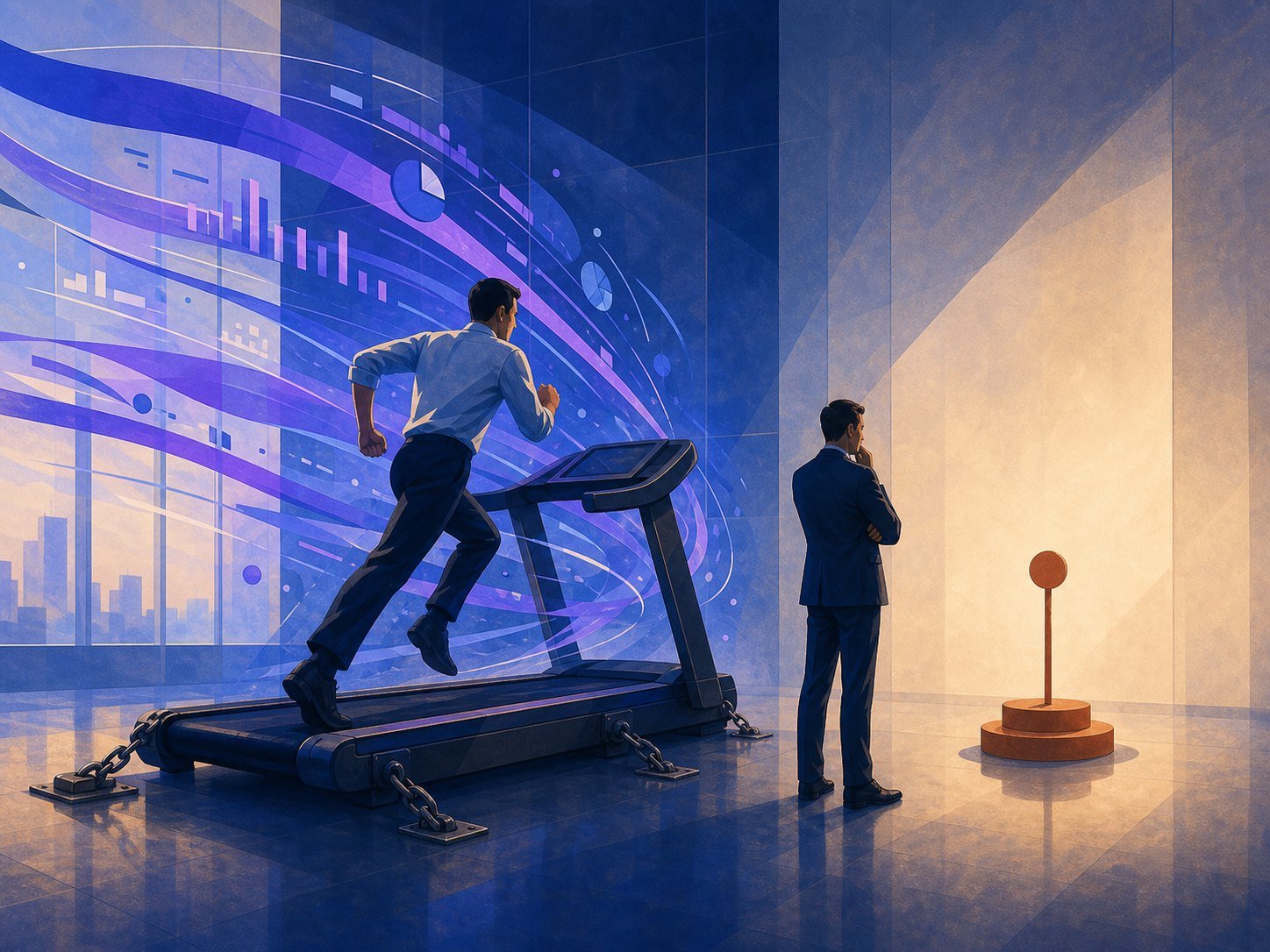 A fast treadmill bolted to the floor trailing ribbons of usage data while a quiet outcome marker stays unmoved