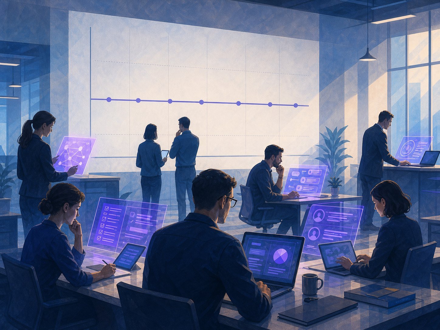 A busy modern office actively using AI tools while a large wall chart in the background stays stubbornly flat