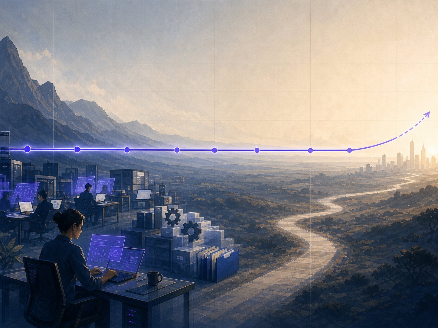 A long flat productivity line stretching across desks and systems, only beginning to curve upward in the far distance