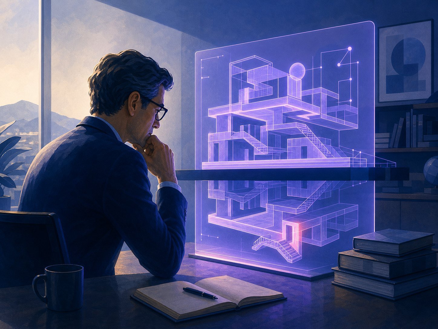A confident expert studying an elegant glowing explanation whose reflection reveals one subtle impossible detail