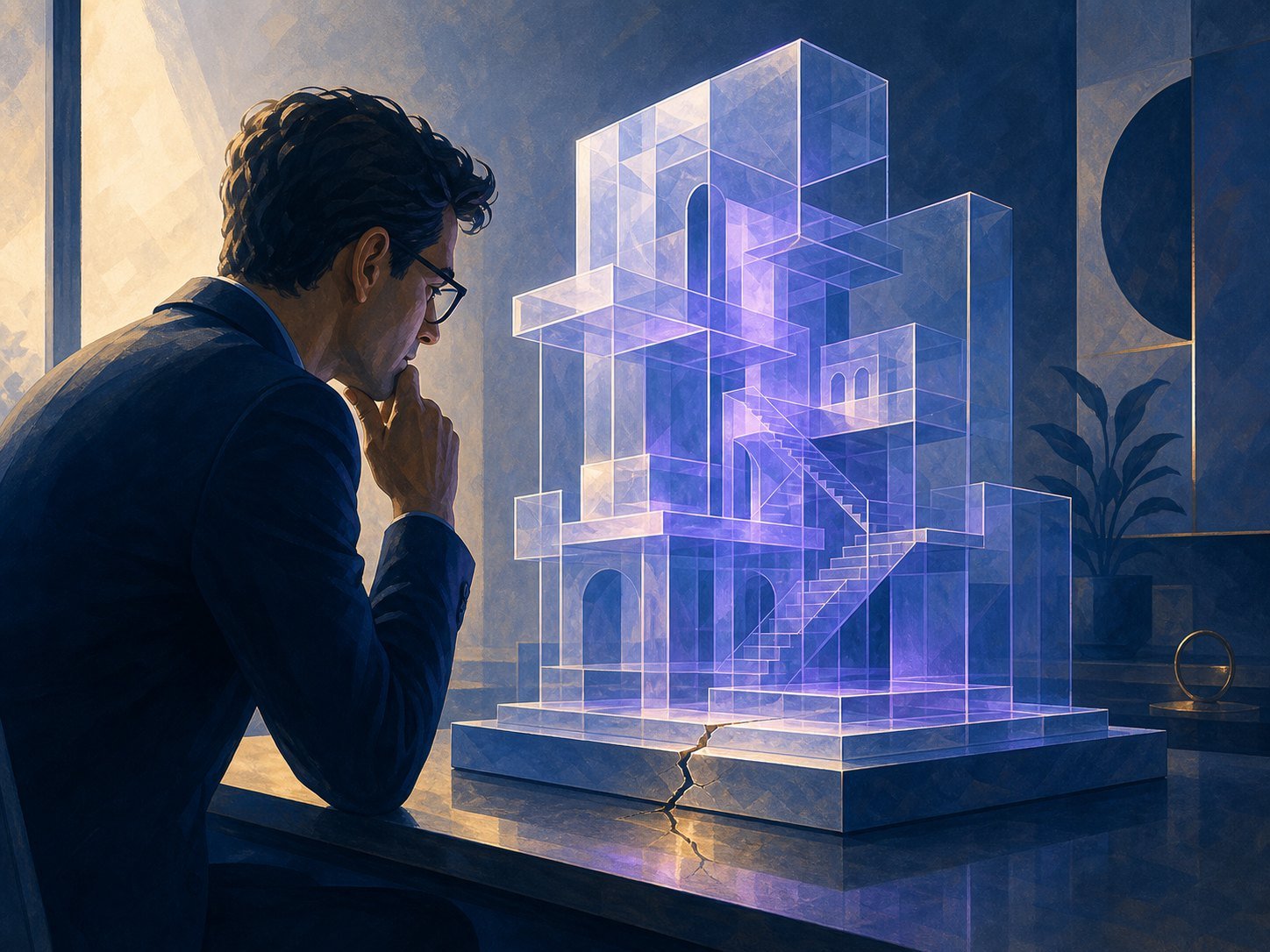 A tall, intricate glass argument structure with a hairline crack running through its foundation