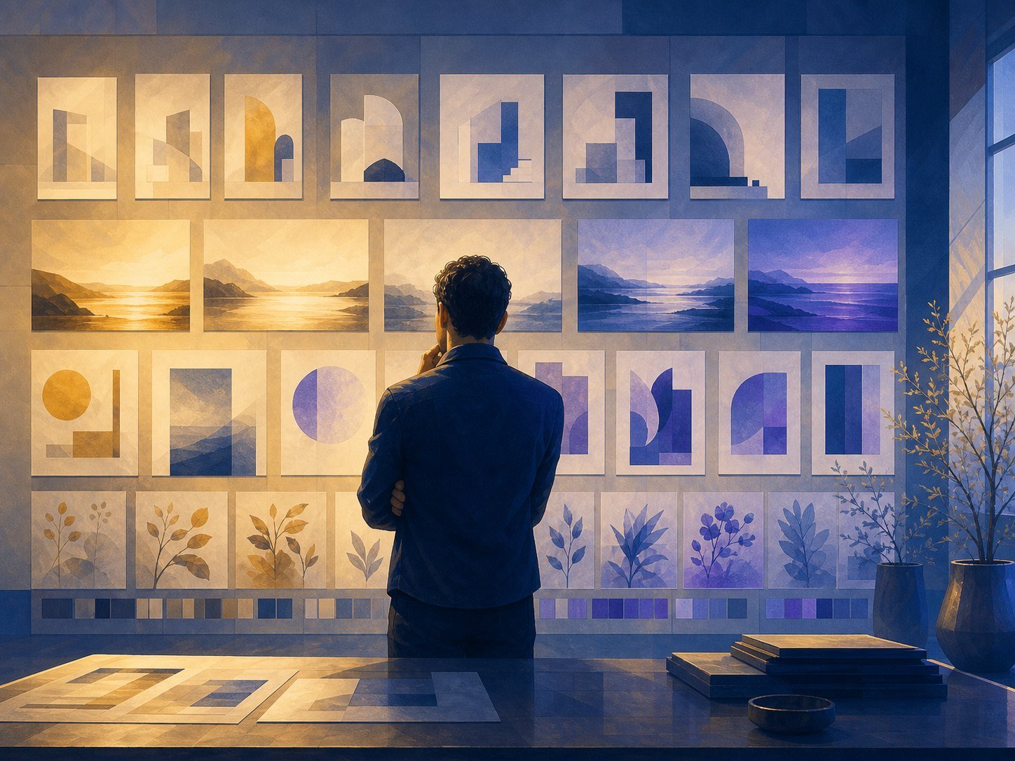 A person studying a large wall of curated examples, each piece subtly different in quality, rhythm, and proportion
