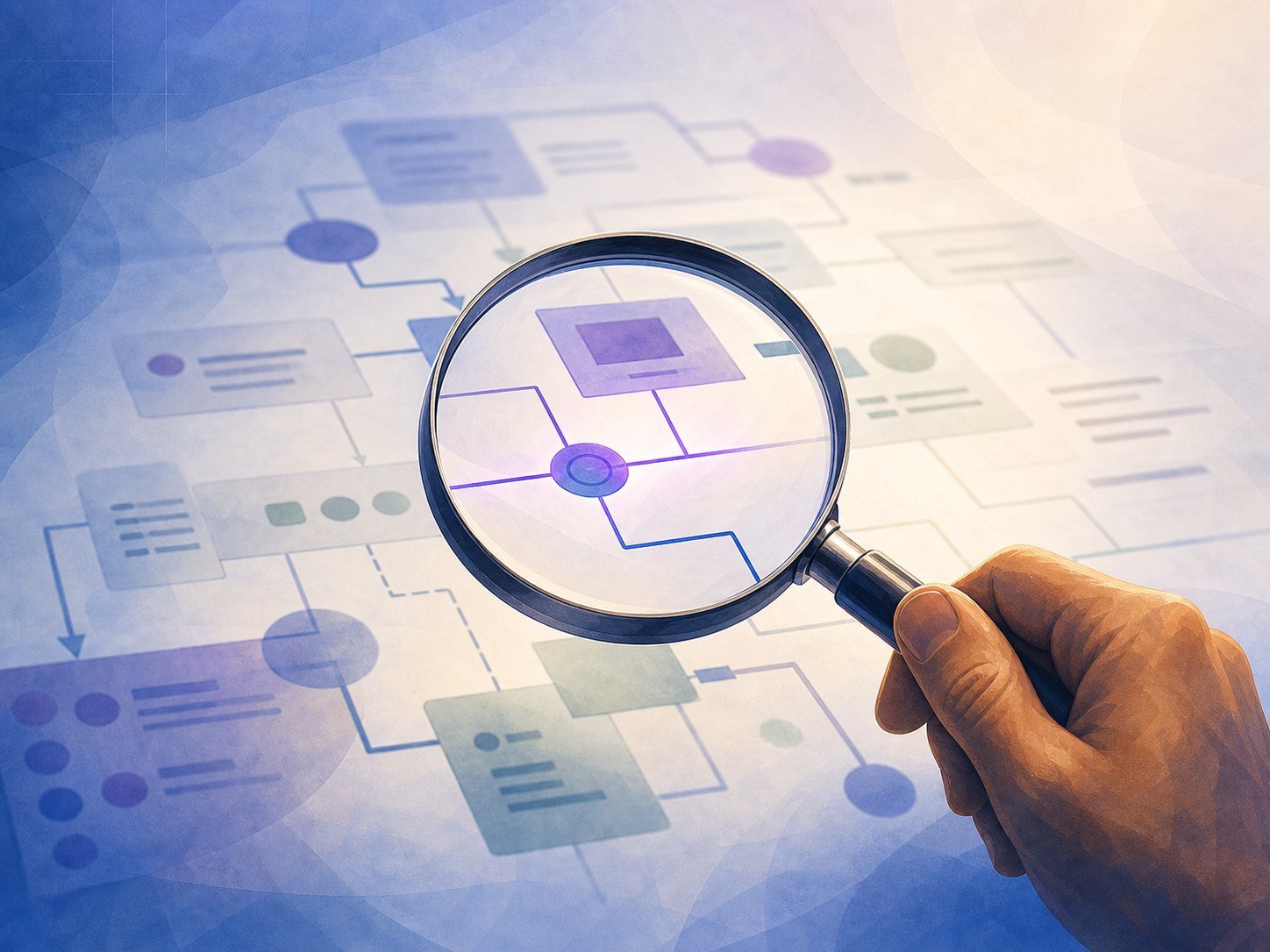 A magnifying glass focused on one critical joint of a complex document while the rest stays softly blurred