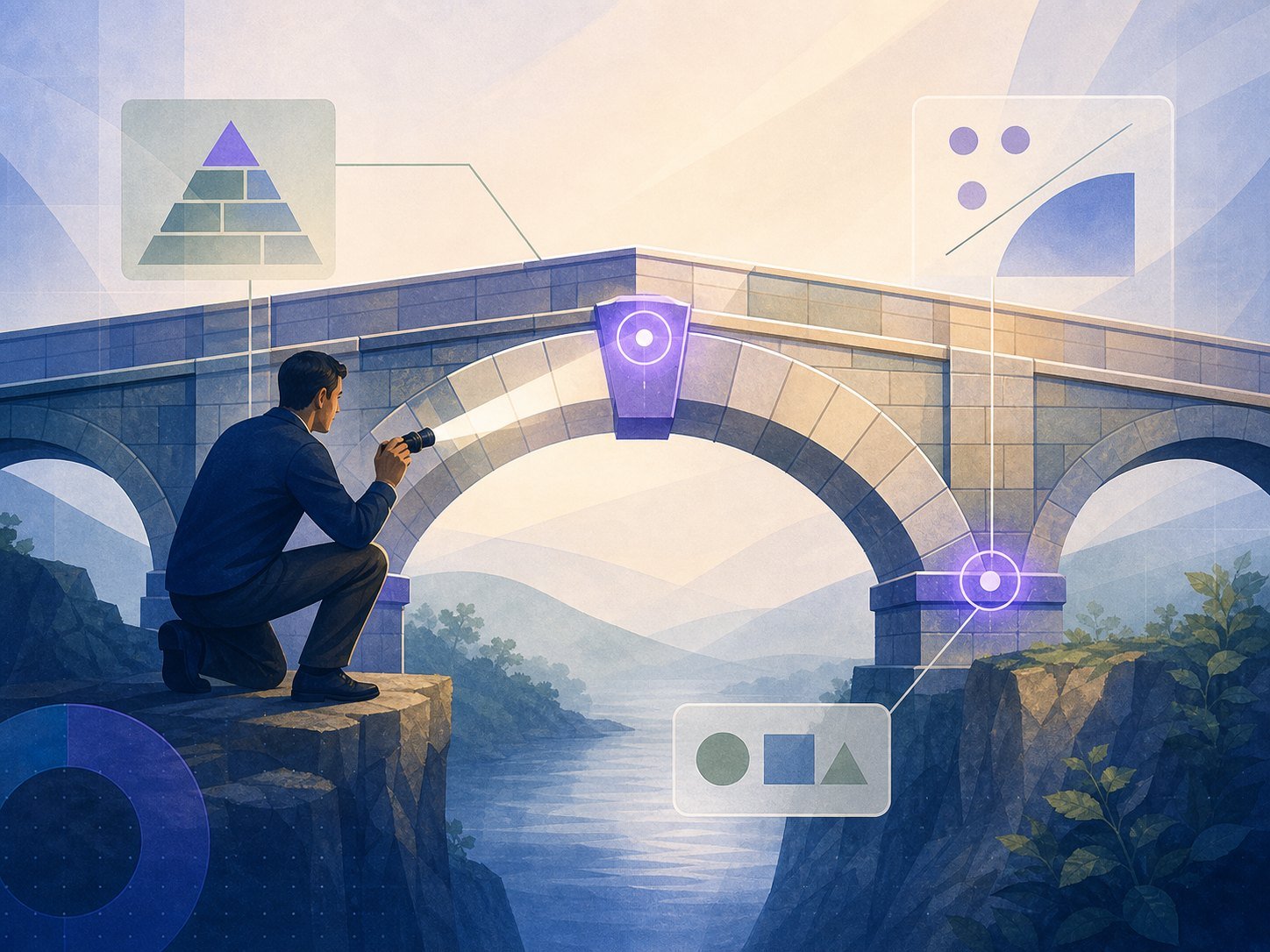 A near-complete bridge of facts and assumptions, a person inspecting only its keystone and load-bearing points
