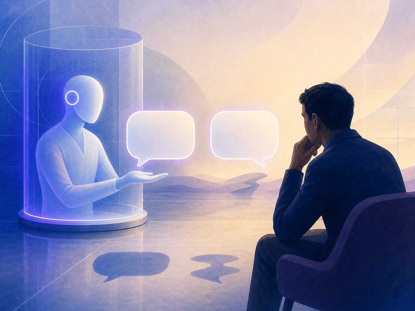 A calm machine presenting two identical speech bubbles to a reviewer, one casting a clean shadow and one distorted