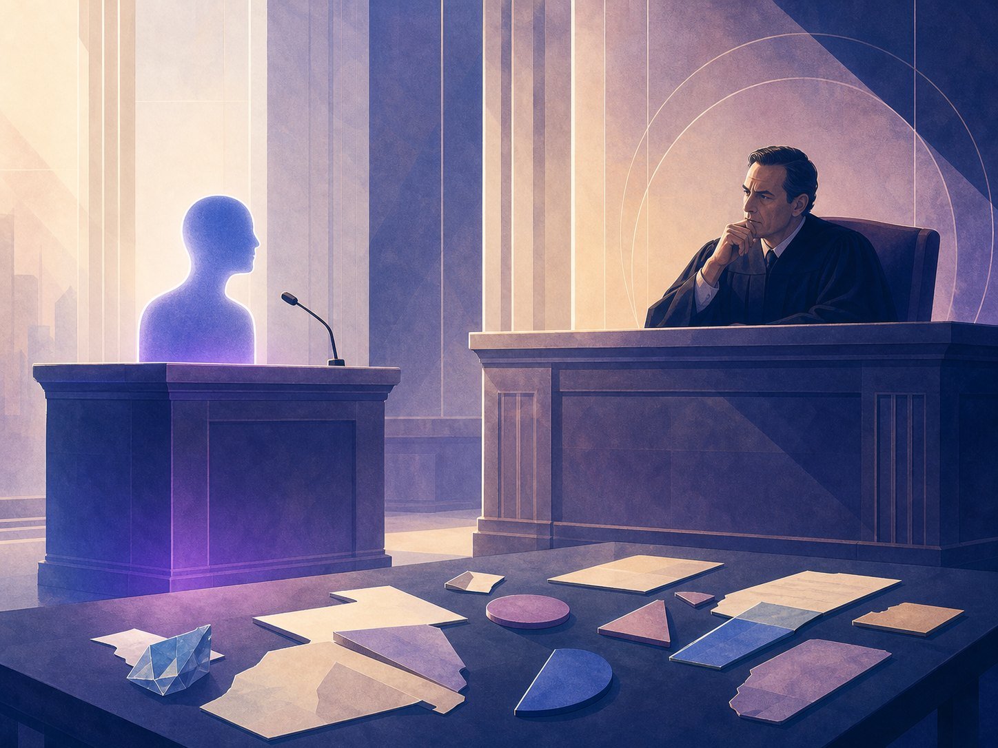 A courtroom where an elegant, confident answer sits on the witness stand above a table of mismatched evidence