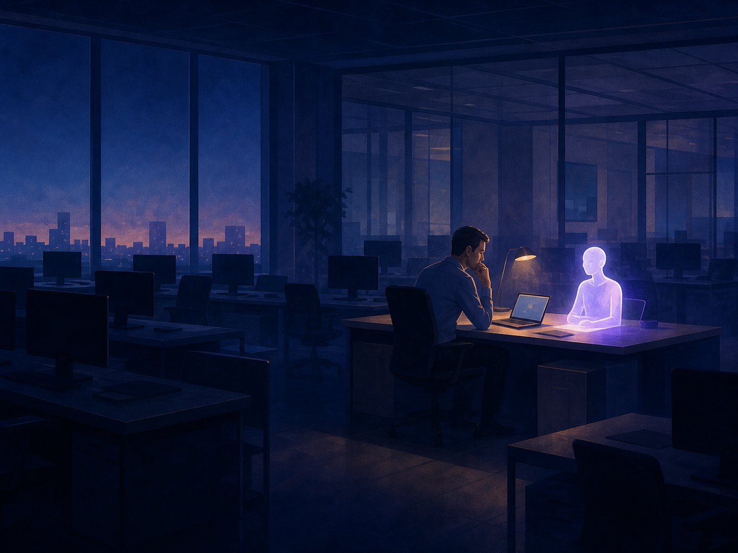 A single person working late in a dark office while an always-awake machine light glows politely beside them