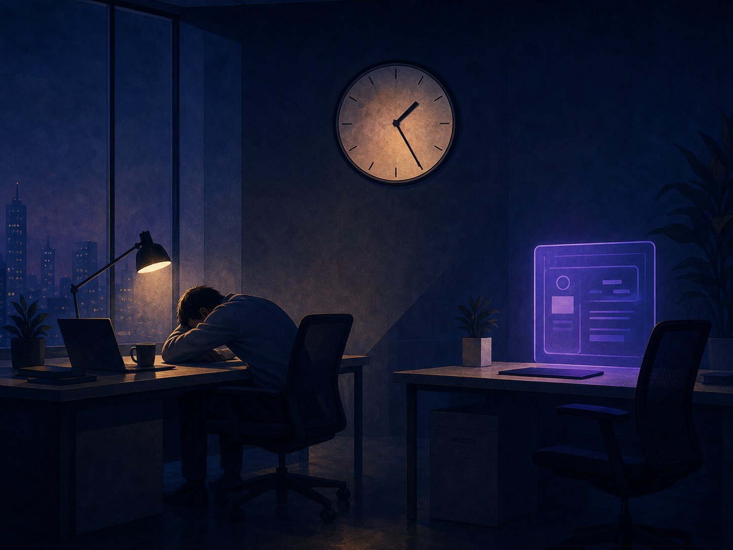 A wall clock deep into the night, a human silhouette slumped in one pool of light beside a calm glowing interface