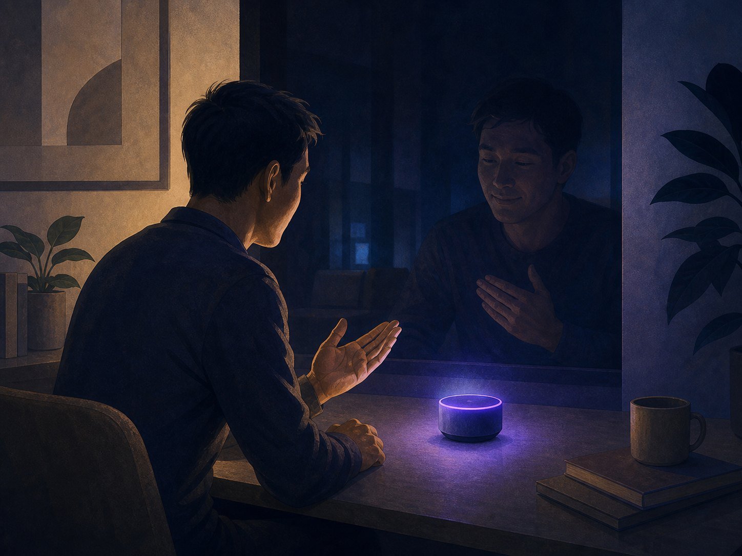 A person gently addressing a small glowing device, their reflection in the dark screen showing warmth and habit