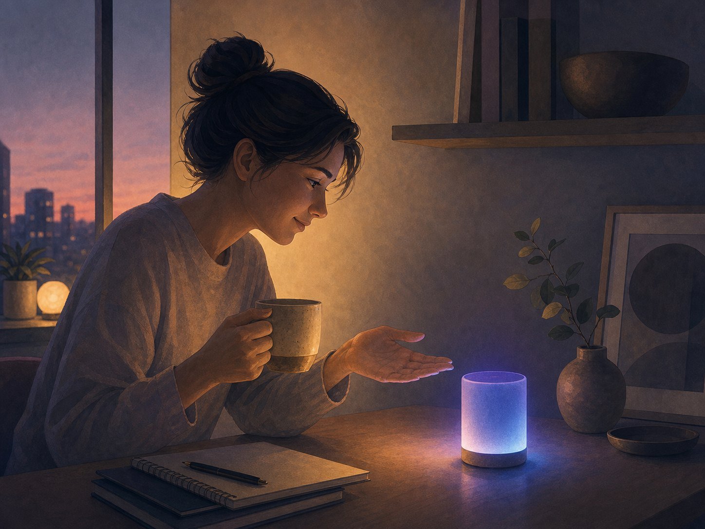 Soft courtesy gestures, careful hands and a warm cup, gathered around an indifferent machine glow