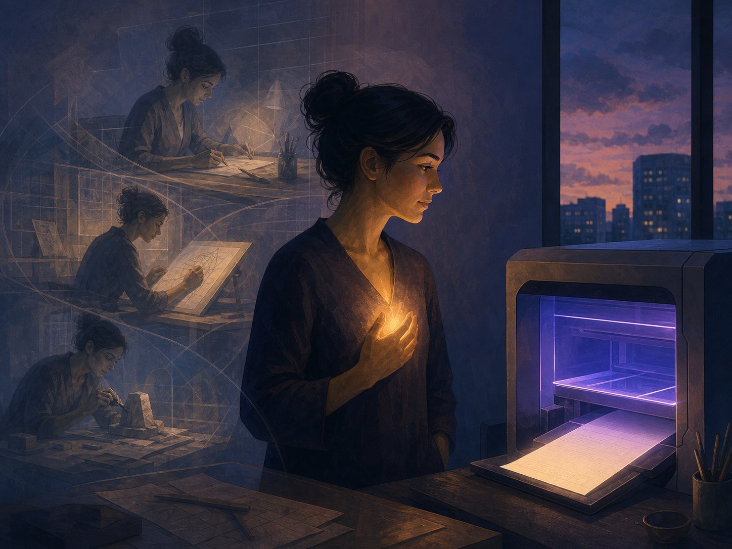 A skilled person watching a machine finish in seconds what took years, their old craft hovering like ghosted memories