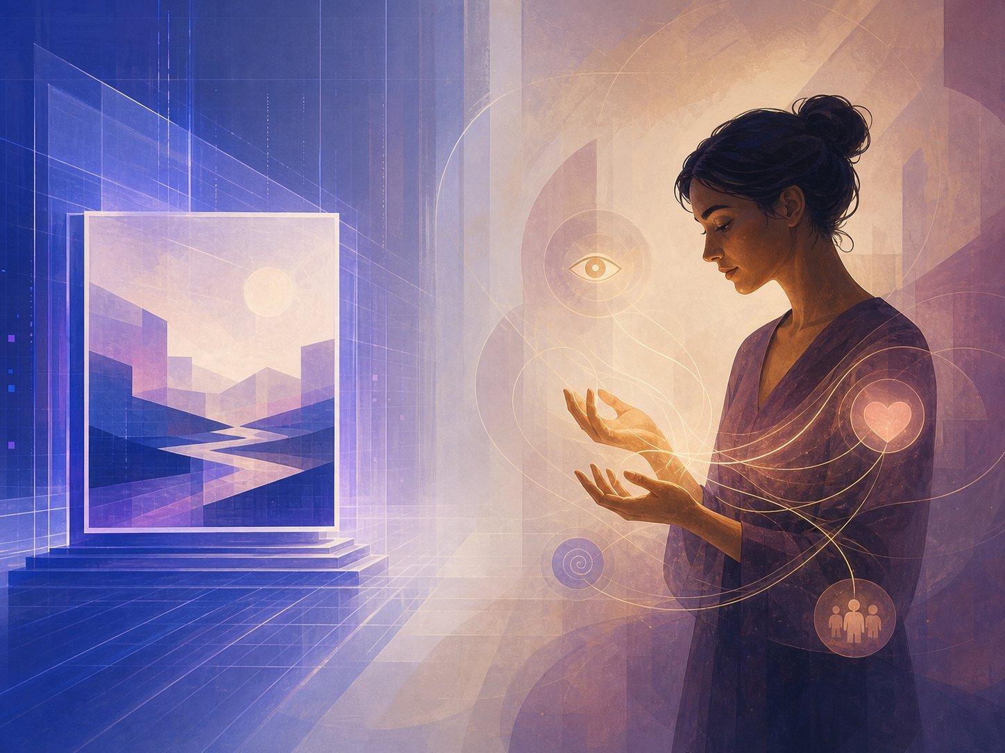 Finished work appearing instantly on one side while a person holds the invisible values that made it matter