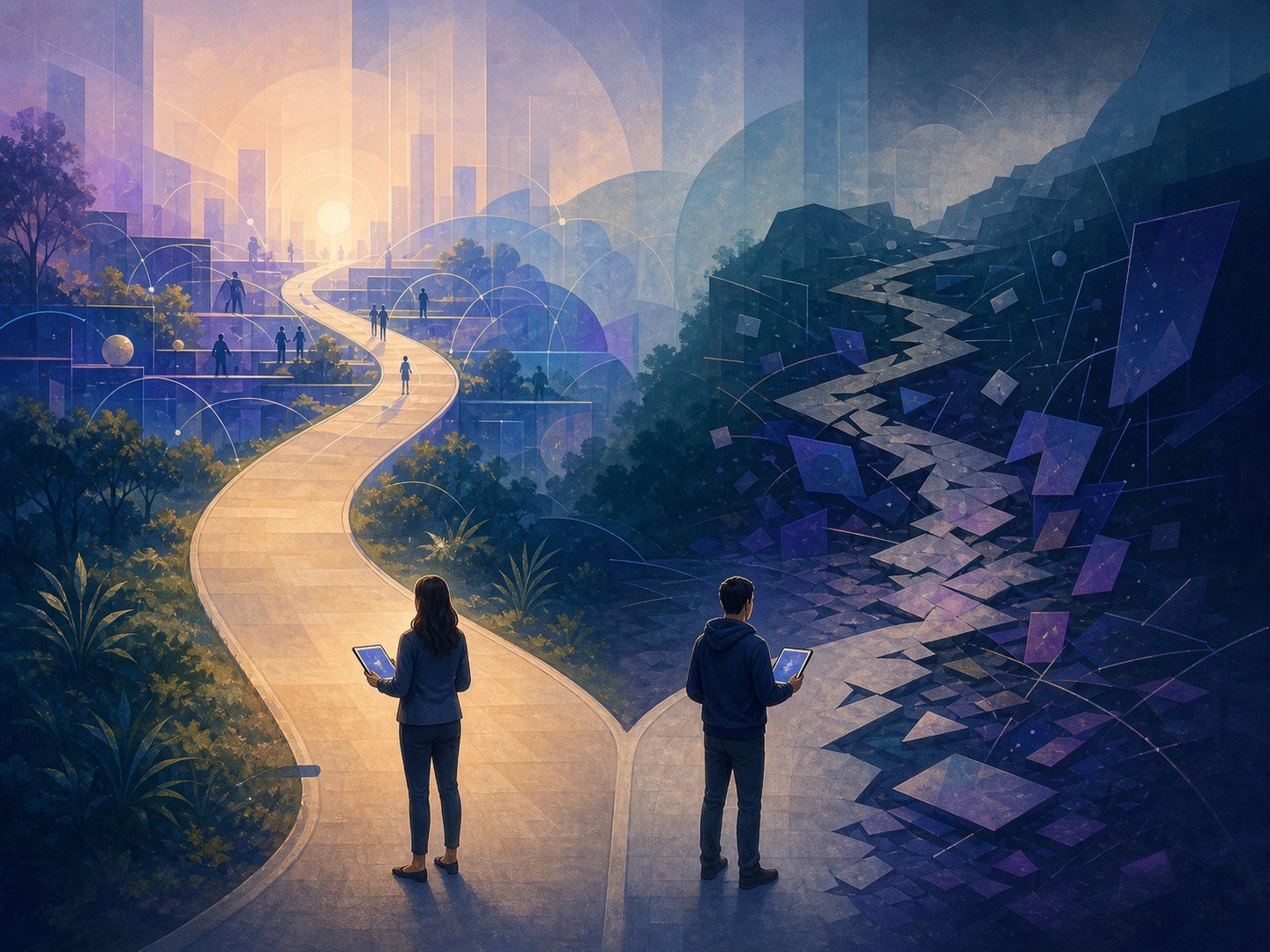 Two people starting with identical devices as the landscape splits, one path rising and the other fragmenting