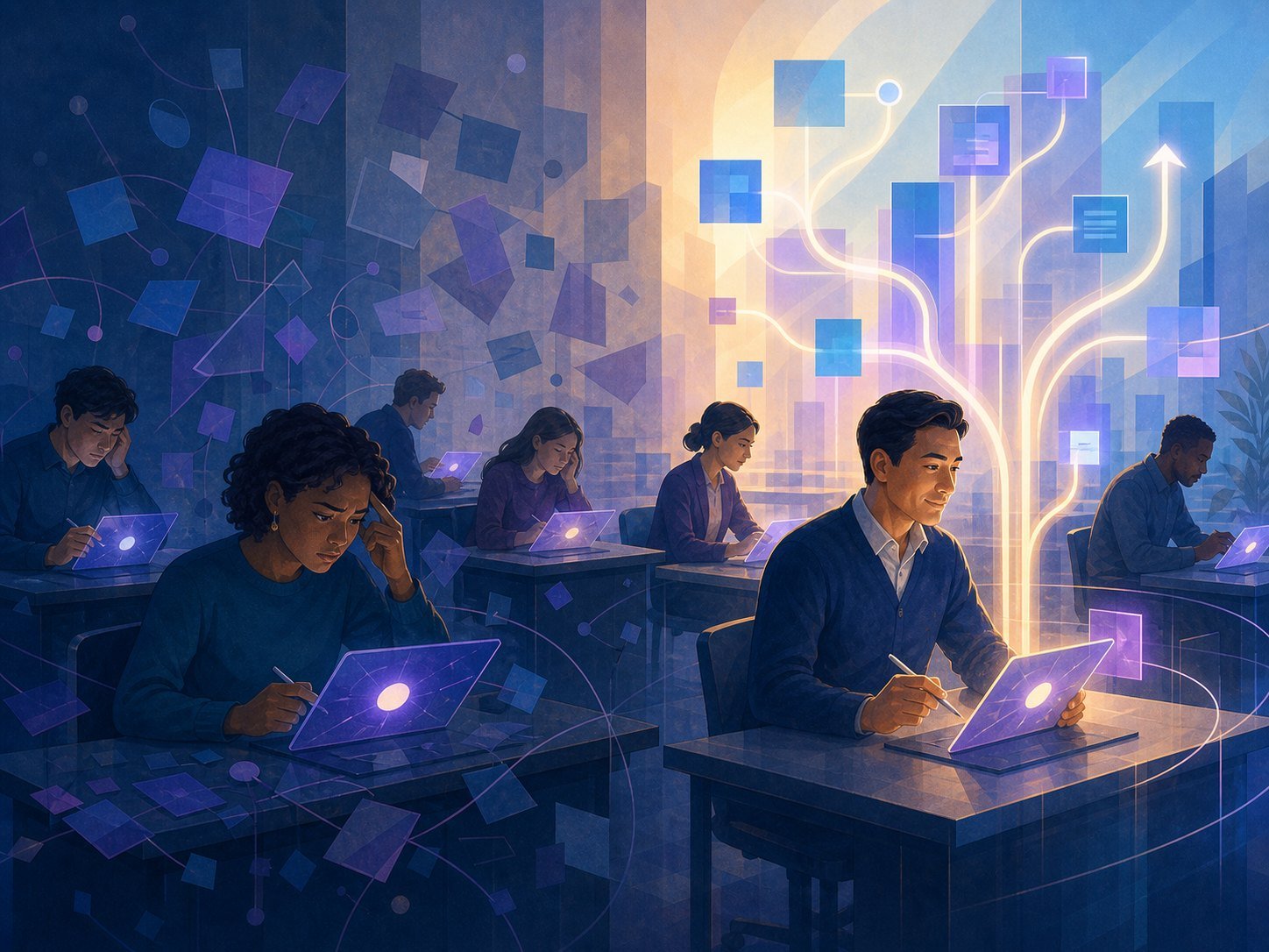 A workplace where everyone holds the same glowing tool but only some turn it into branching, structured leverage