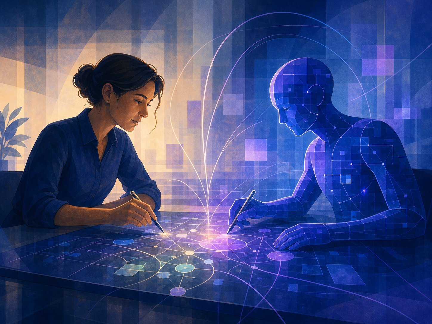 A human and a machine working side by side over a shared strategy board, their combined output glowing as one pattern