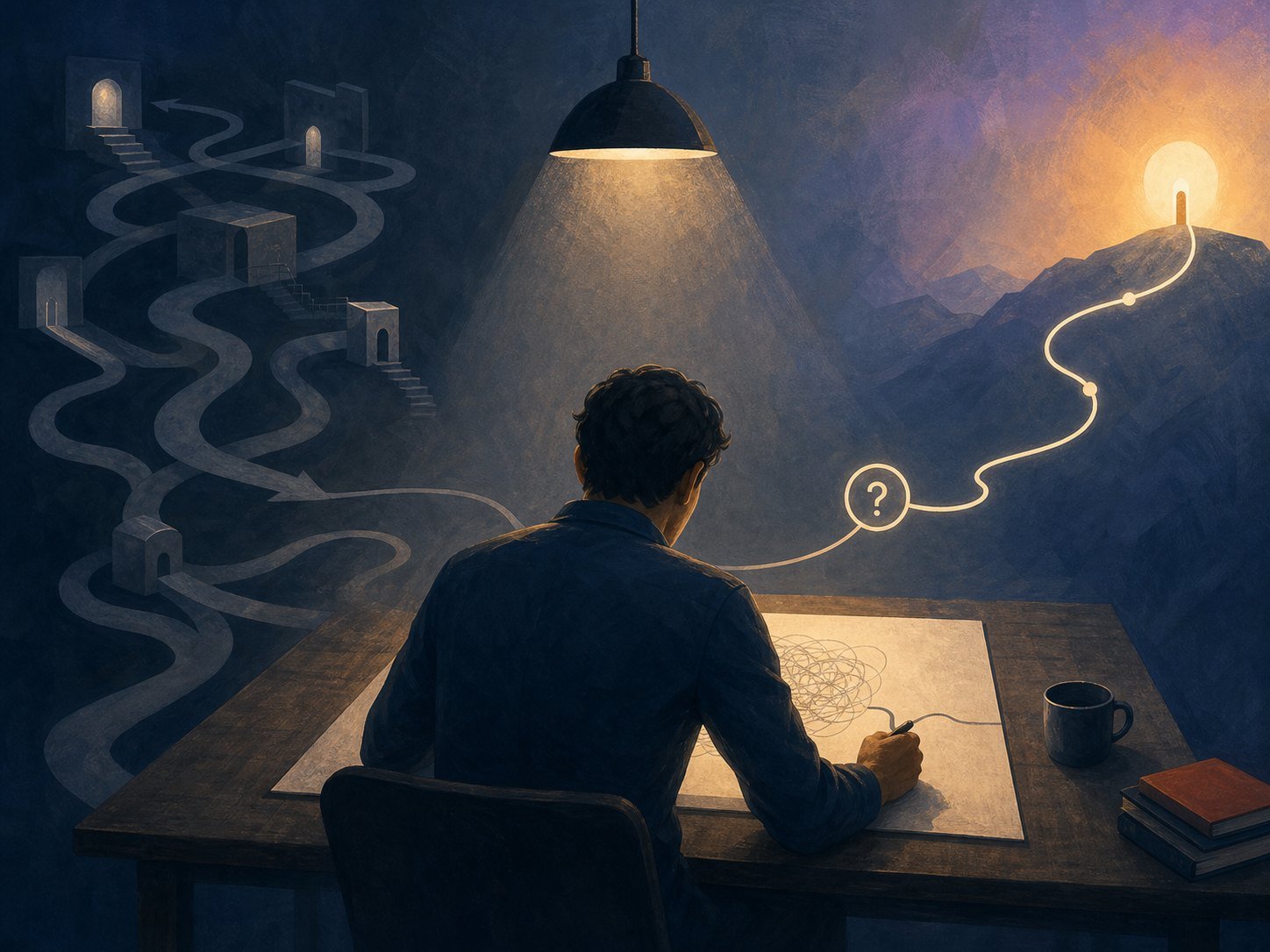 A lone thinker with a difficult problem as dim shortcuts fade, a slow hand-drawn line connecting question to understanding