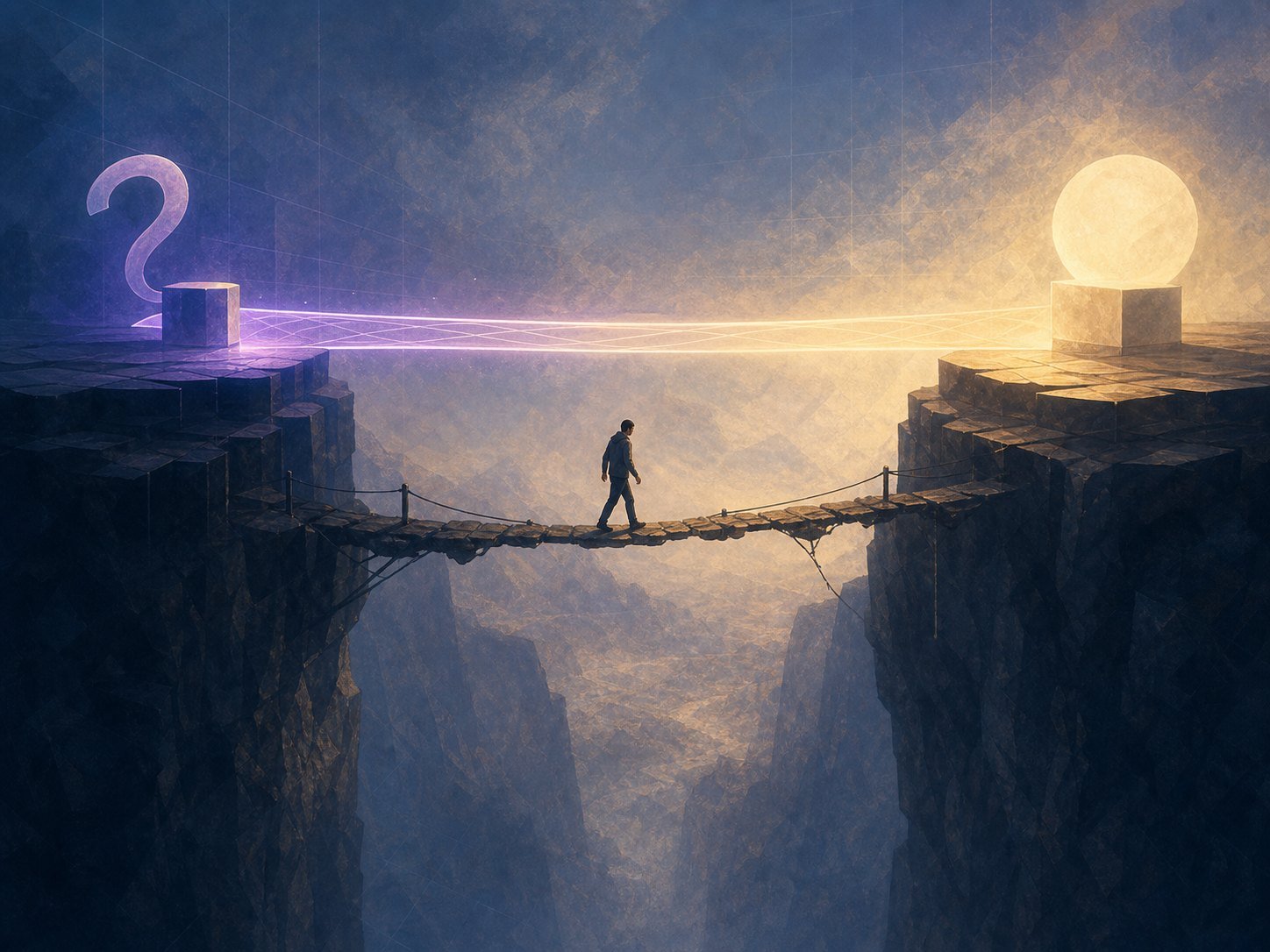Two cliffs, question and understanding, a small figure choosing to cross on foot instead of the glowing instant bridge